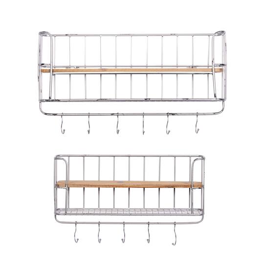 Set of 2 Silver Metal Basket & Wooden Wall Shelf Units With Hooks